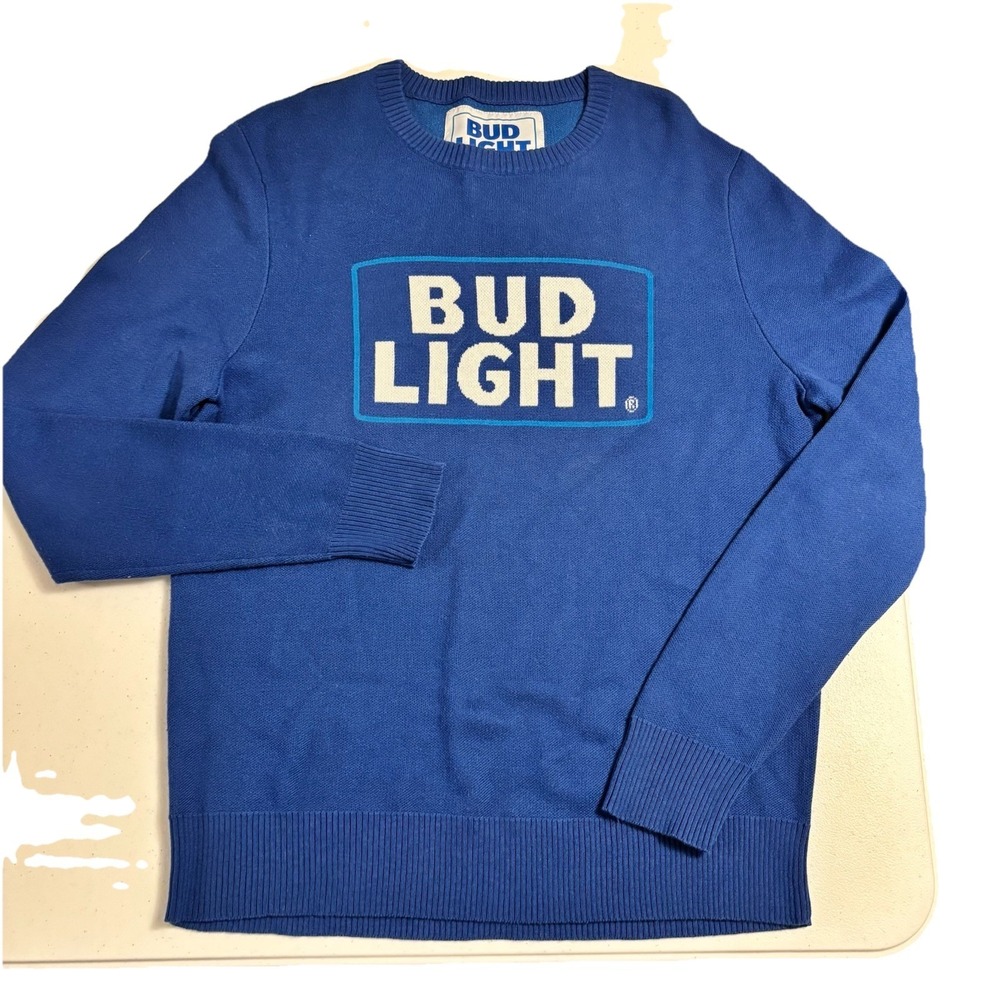 Bud LightSweater King Of‎ Beer Blue Knit Pullover Merch Logo Spell out Mens L